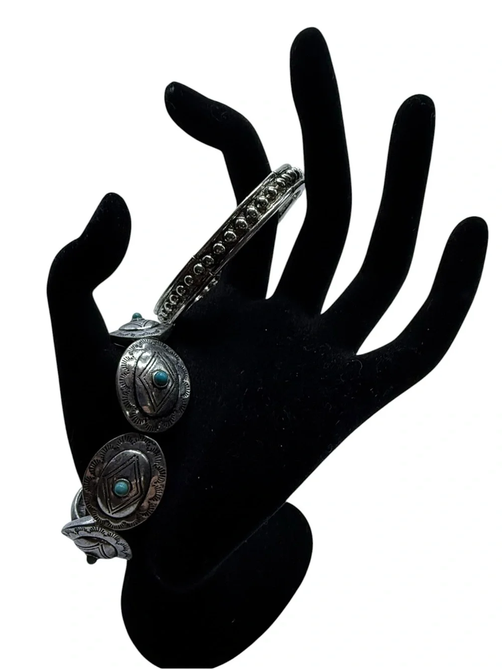 Silver Tones Faux Turquoise Concho Cuff Bracelet - Silver Beaded Stretch Set 2